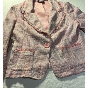 Star City Tweed Blazer Womens Large Pink Fringe Trim One-Button Long Sleeves